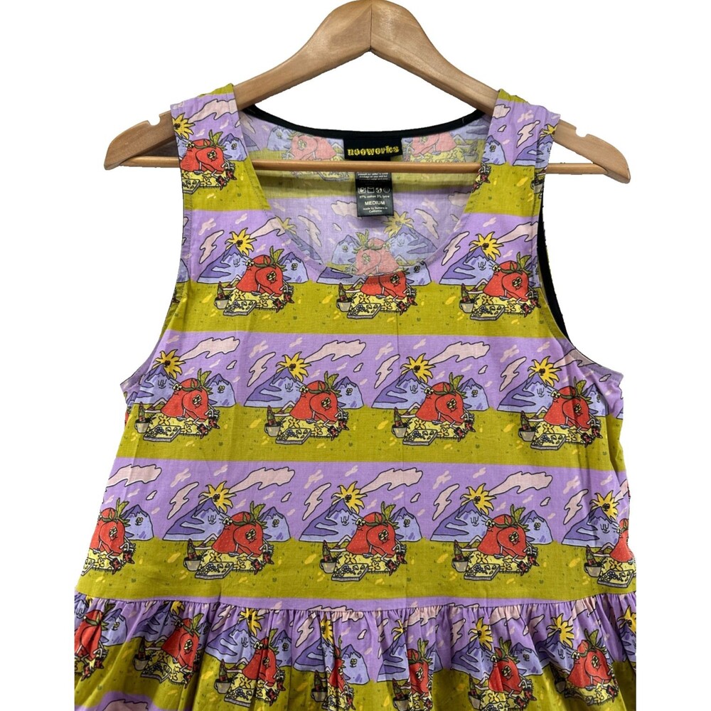 Nooworks Big Pocket Dress Size M Stawberry Jammin Print Novelty Colorful Stripe - Picture 3 of 10